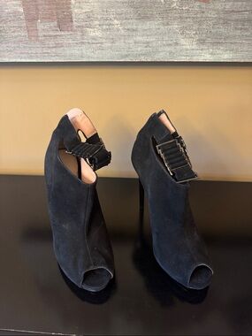 Herve Leger Black Suede Open-Toe Stiletto Booties